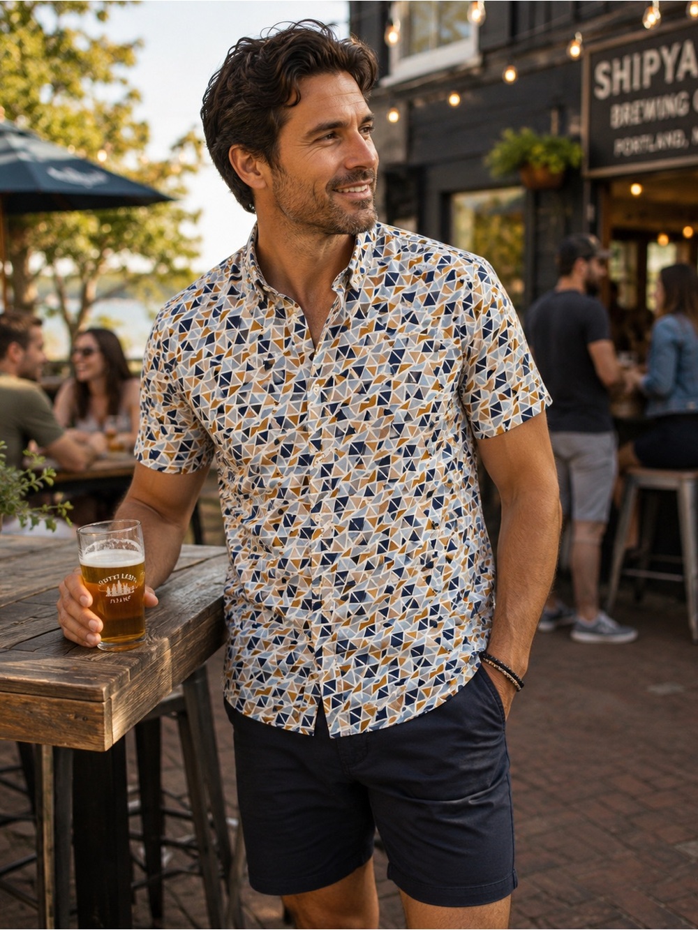 Denim & Flower Ricky Singh Geometric Print Short Sleeve Button Shirt M